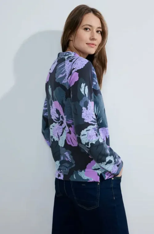 321007- Navy/Purple Floral High Neck Pullover - Cecil