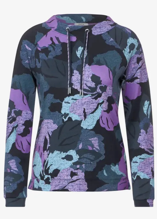 321007- Navy/Purple Floral High Neck Pullover - Cecil