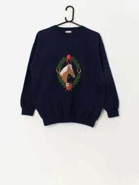 90s vintage horse embroidered navy sweatshirt – Medium