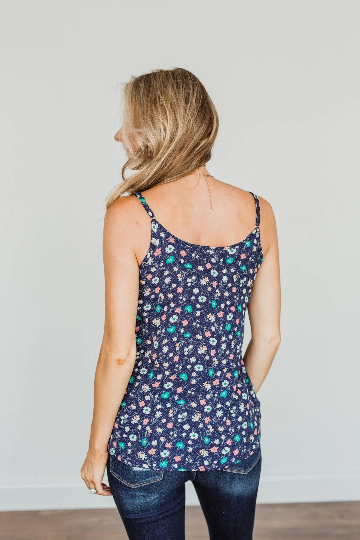 Abundant Blooms Floral & Spots Tank Top- Navy