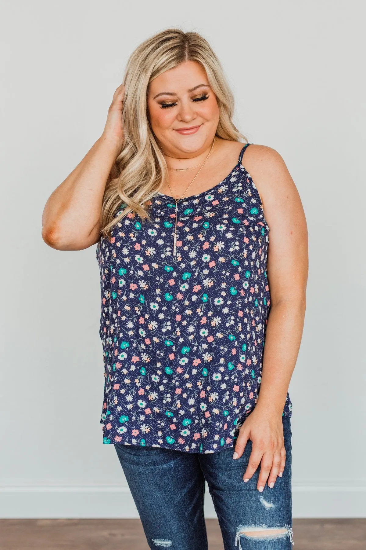 Abundant Blooms Floral & Spots Tank Top- Navy