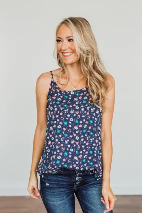 Abundant Blooms Floral & Spots Tank Top- Navy