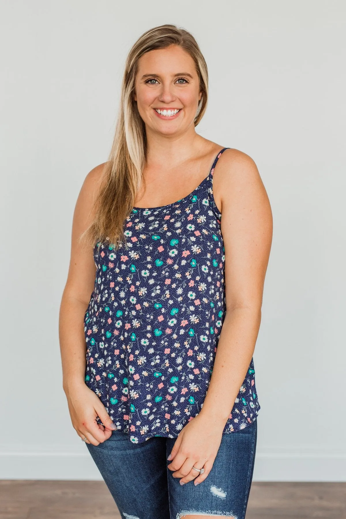 Abundant Blooms Floral & Spots Tank Top- Navy