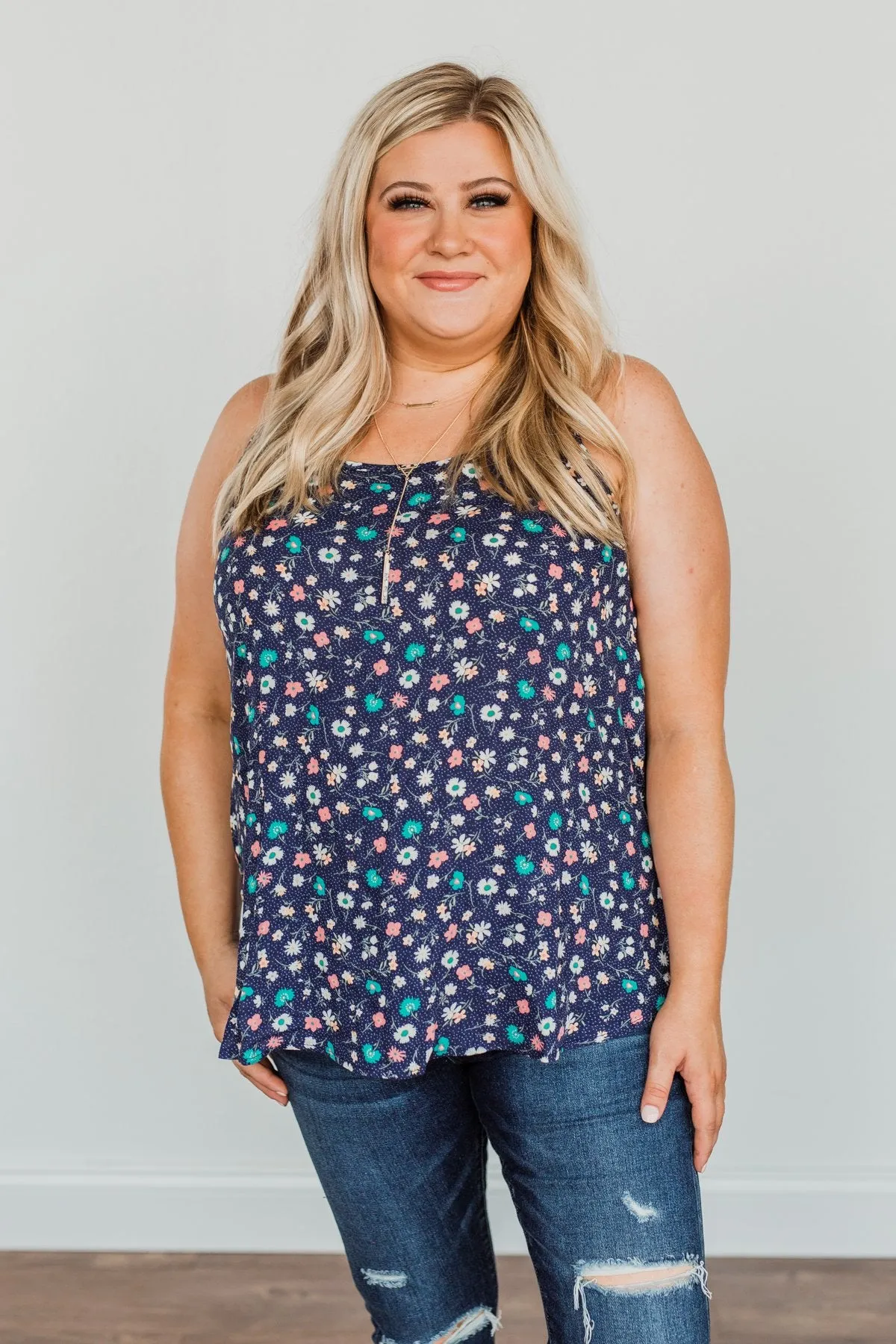 Abundant Blooms Floral & Spots Tank Top- Navy