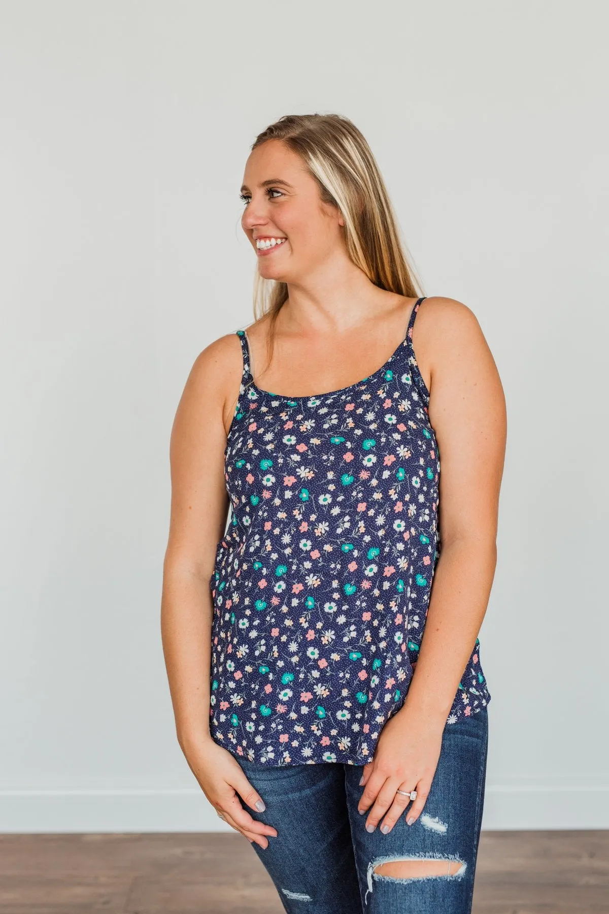 Abundant Blooms Floral & Spots Tank Top- Navy