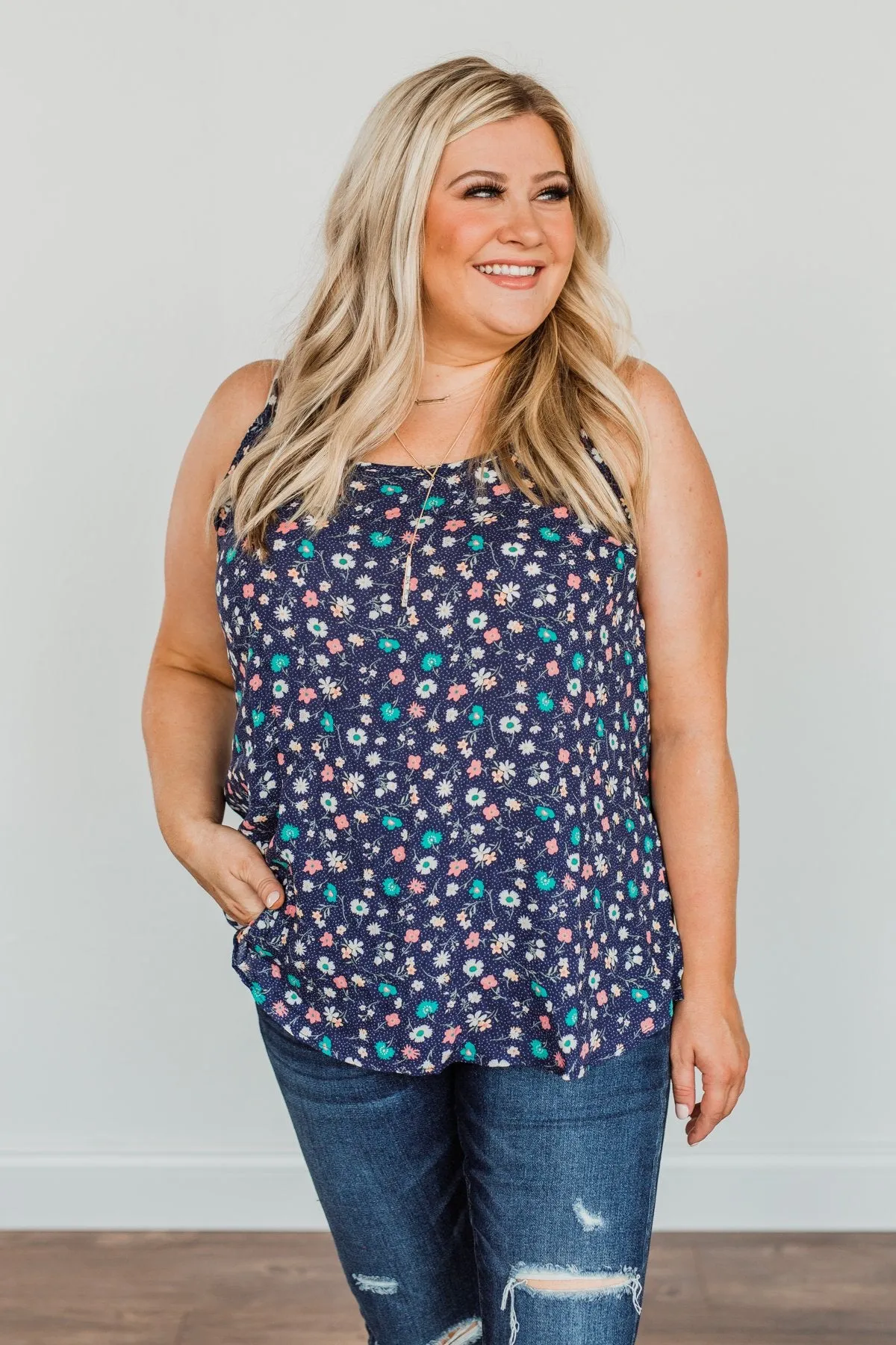 Abundant Blooms Floral & Spots Tank Top- Navy