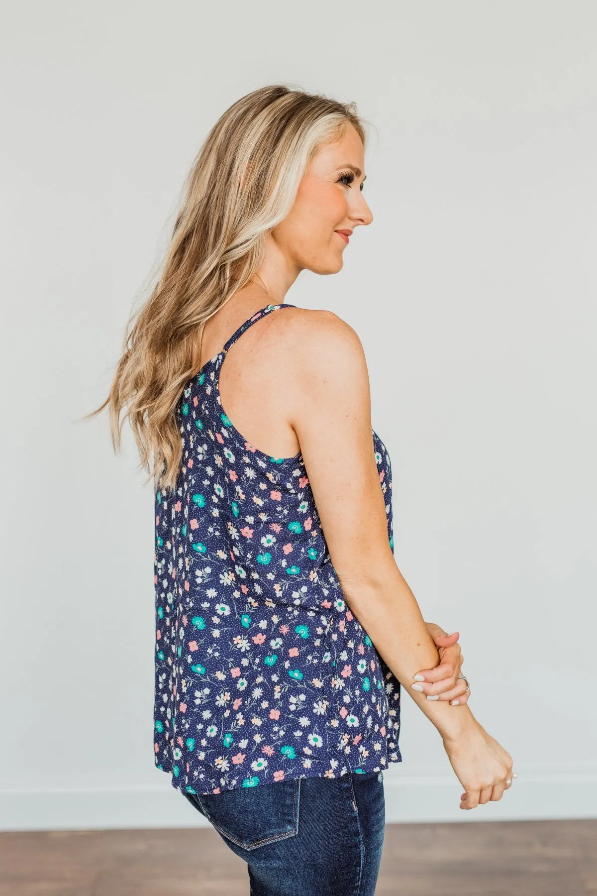 Abundant Blooms Floral & Spots Tank Top- Navy