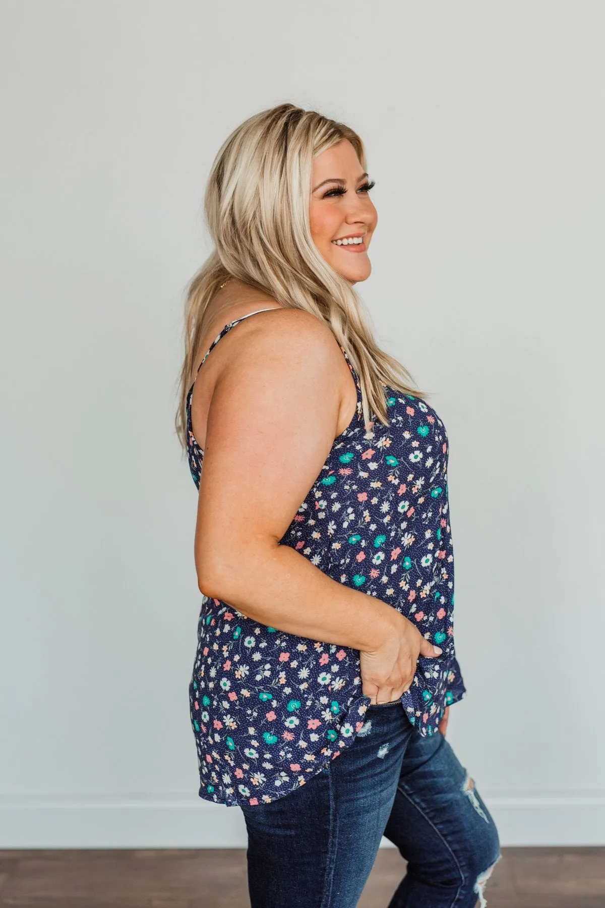 Abundant Blooms Floral & Spots Tank Top- Navy