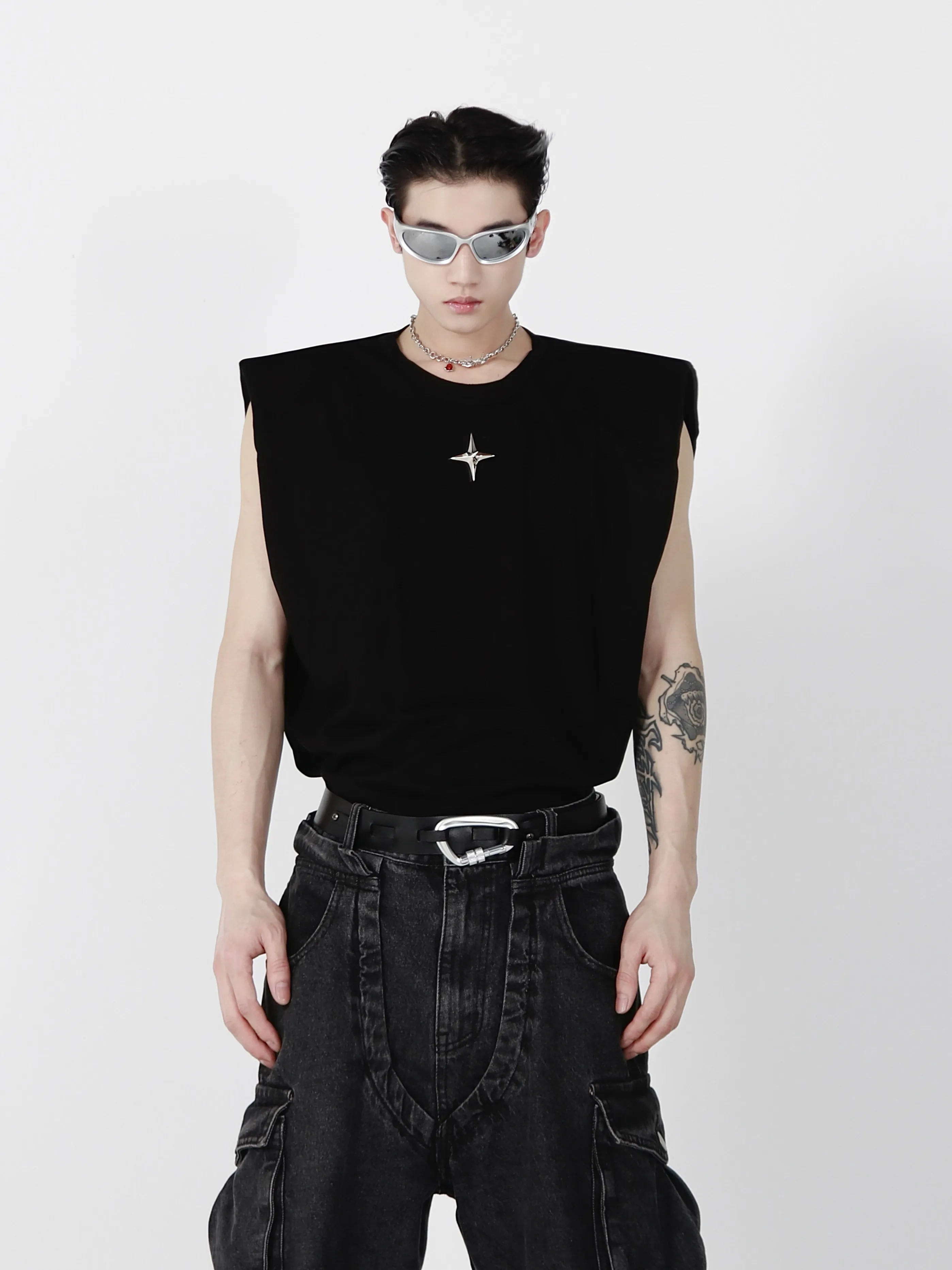 Argue Culture  |Crew Neck Star Unisex Sleeveless Street Style Plain