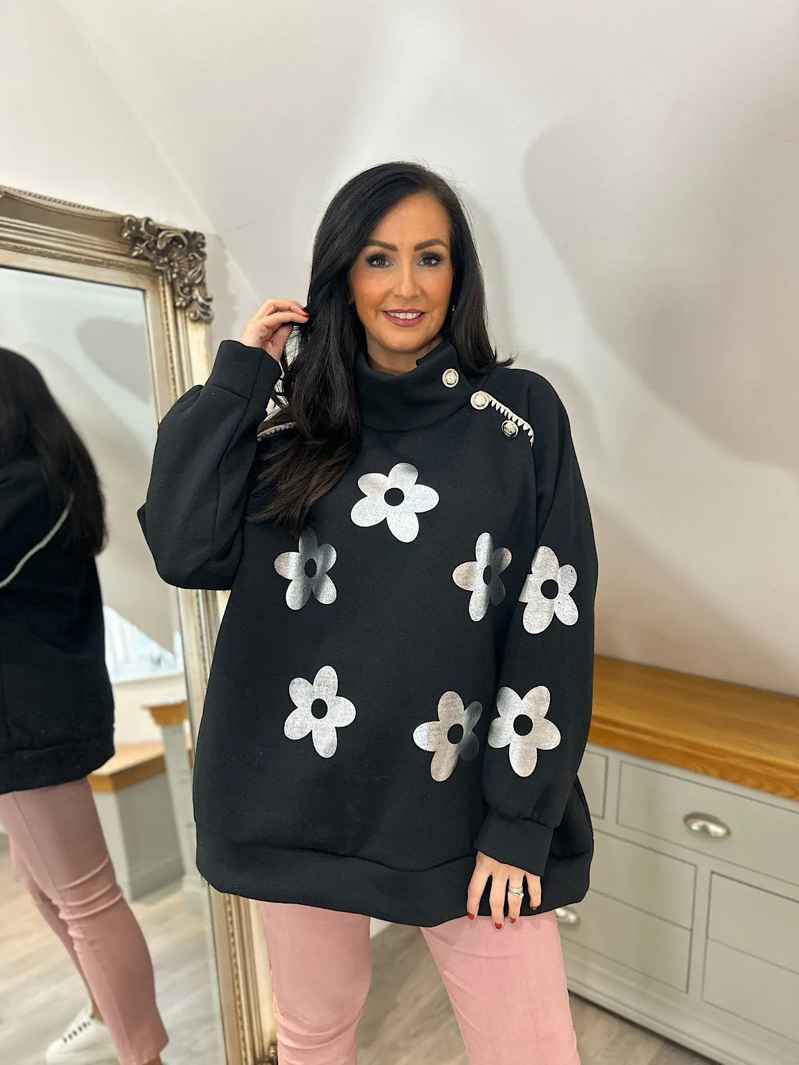 Black Detailed Daisy High Neck Sweatshirt Claire