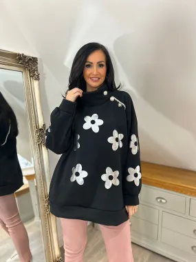 Black Detailed Daisy High Neck Sweatshirt Claire