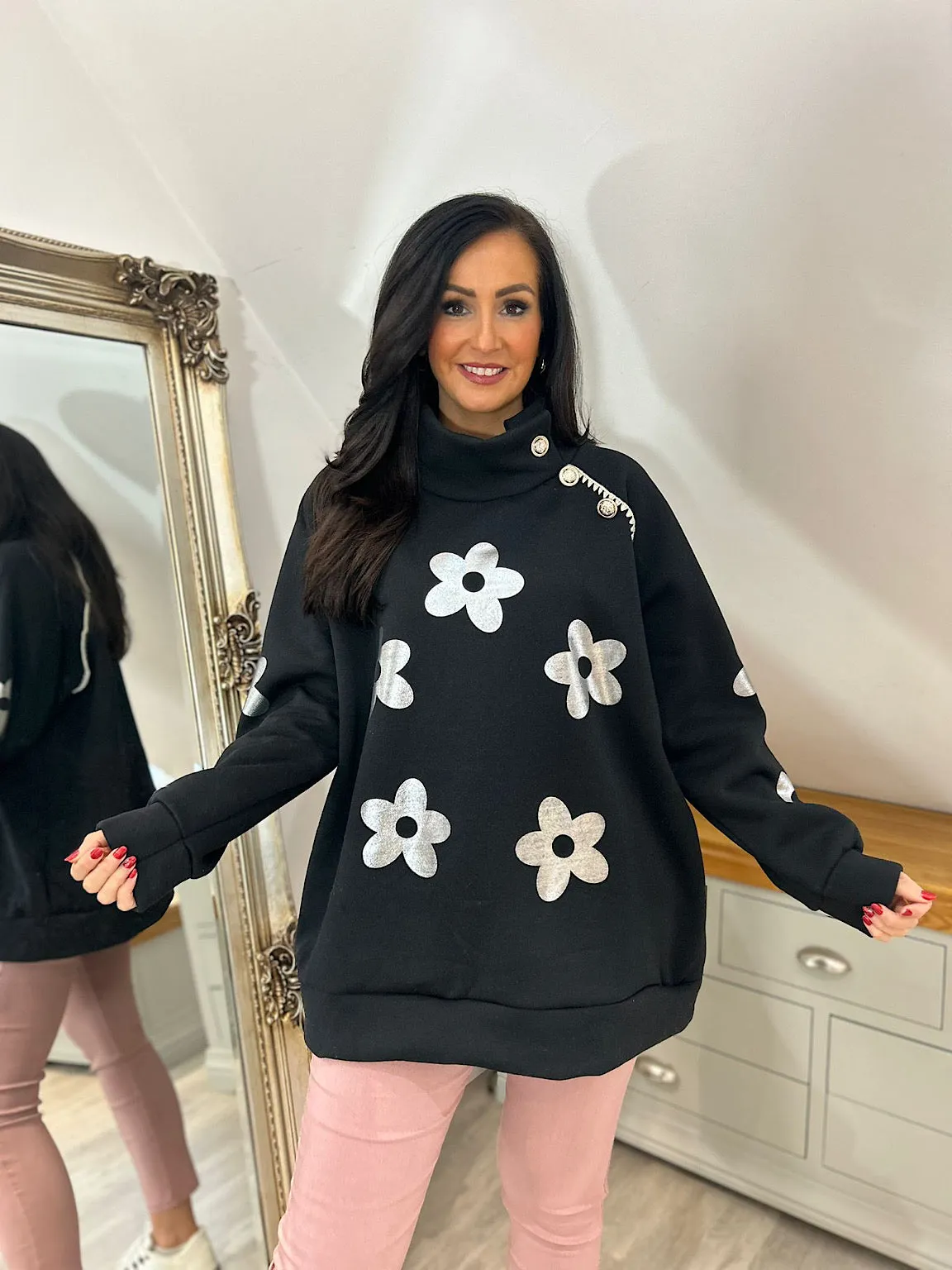 Black Detailed Daisy High Neck Sweatshirt Claire