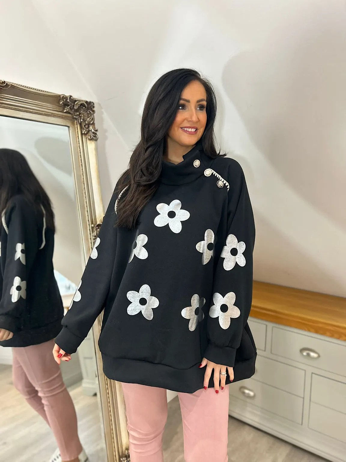 Black Detailed Daisy High Neck Sweatshirt Claire