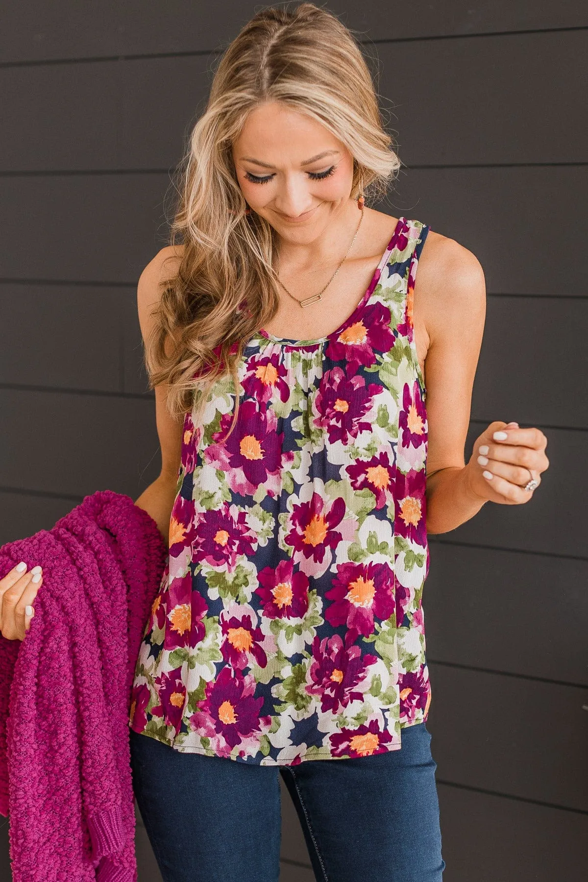 Bloom With Style Floral Tank Top- Navy & Magenta