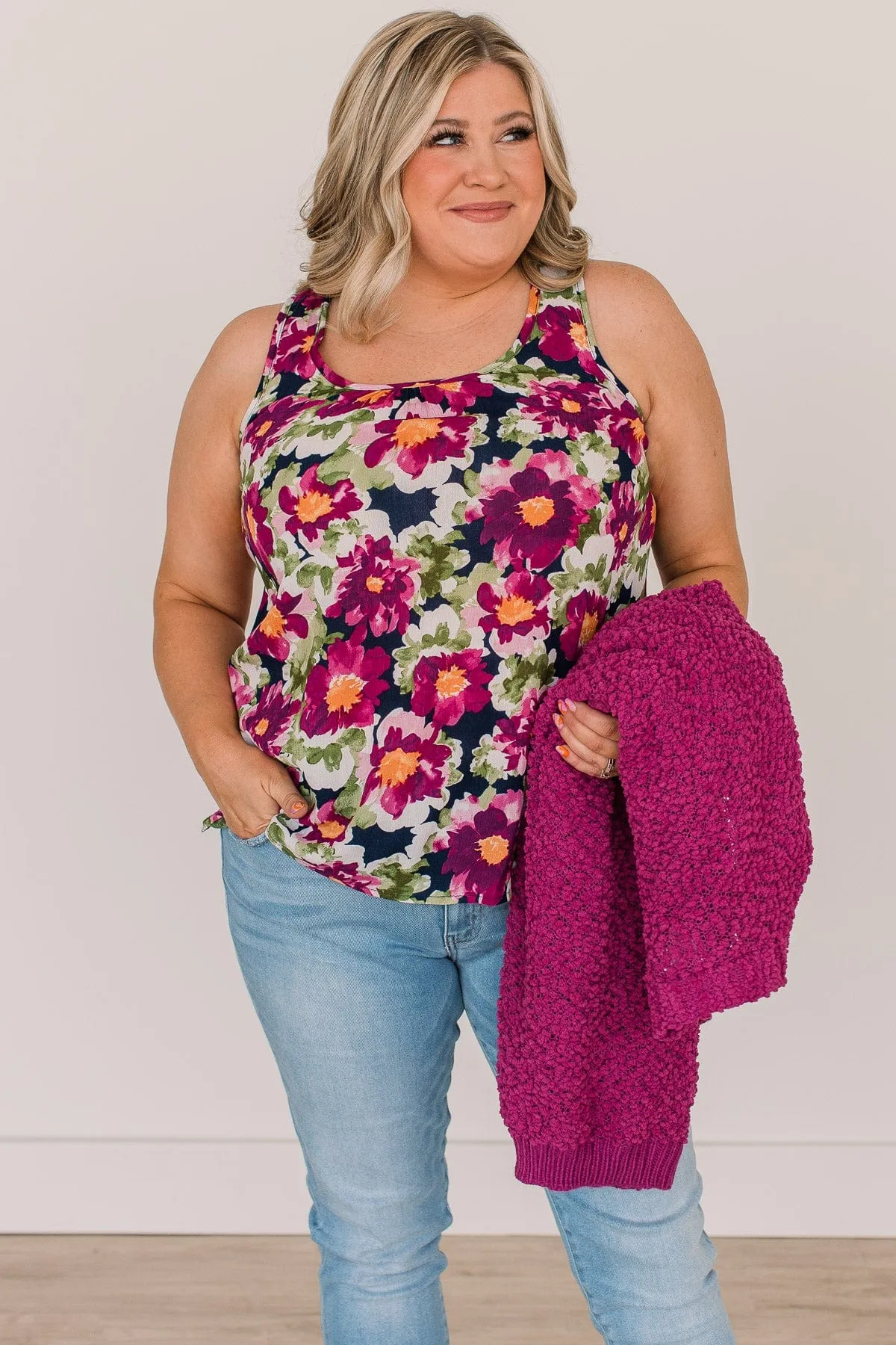 Bloom With Style Floral Tank Top- Navy & Magenta