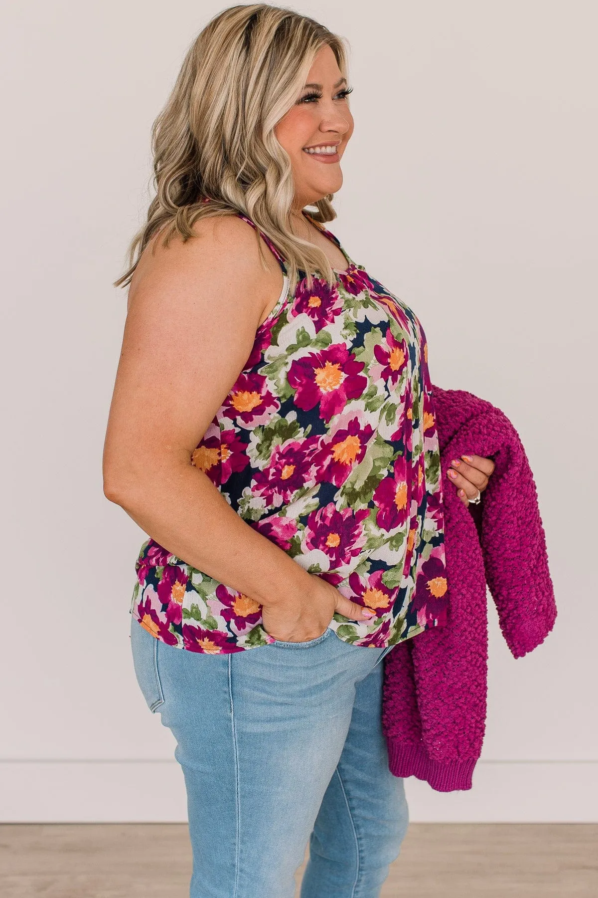 Bloom With Style Floral Tank Top- Navy & Magenta