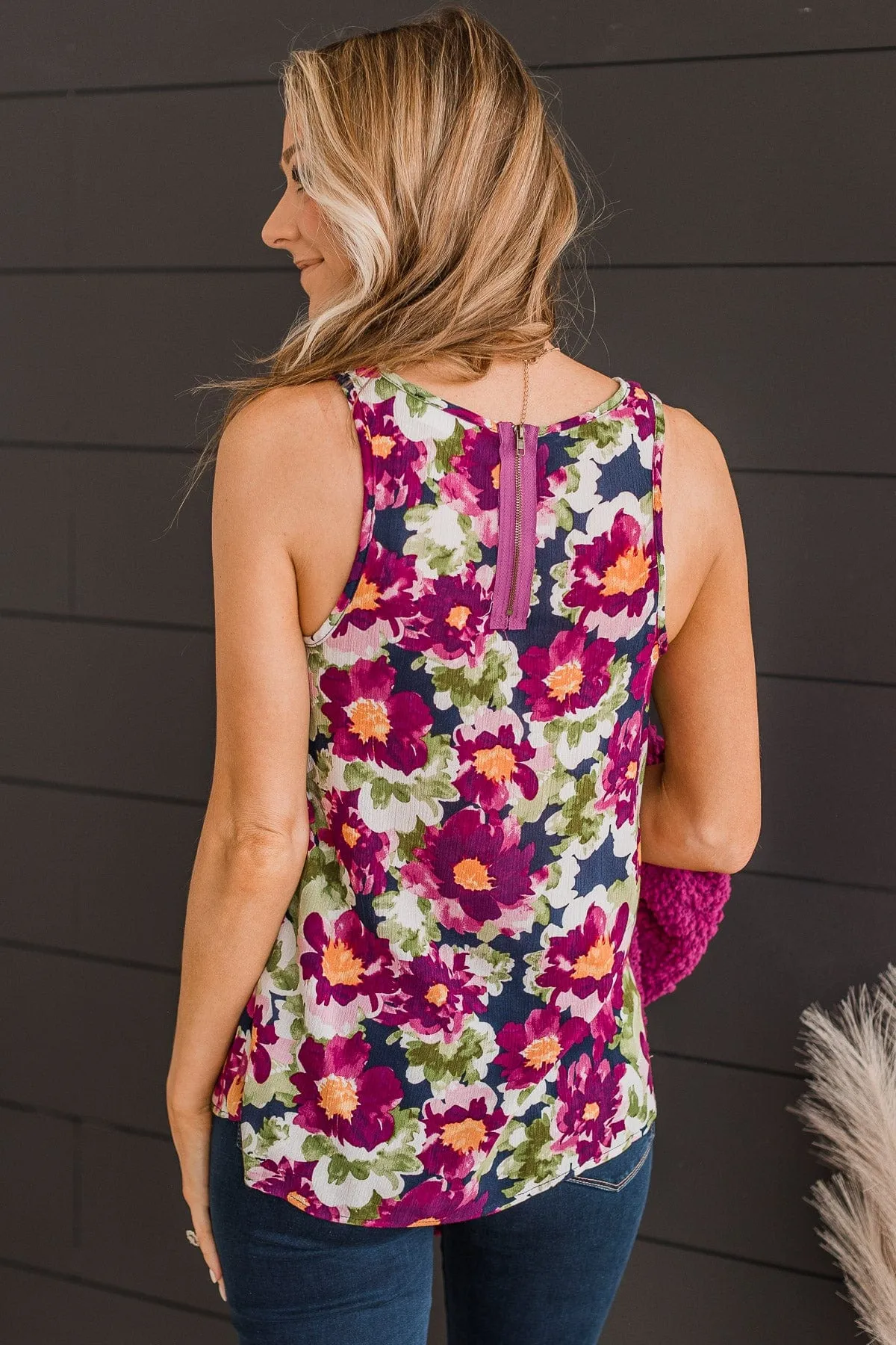 Bloom With Style Floral Tank Top- Navy & Magenta