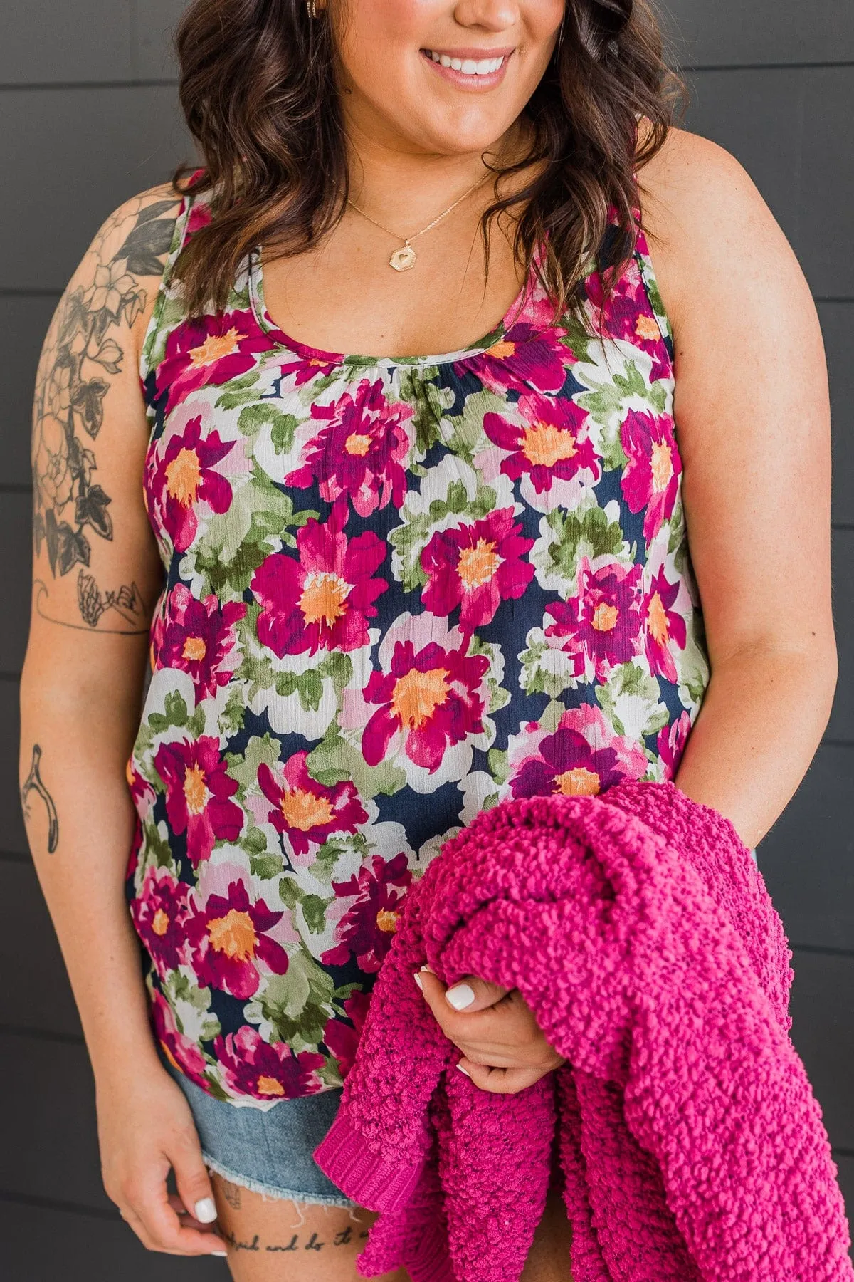 Bloom With Style Floral Tank Top- Navy & Magenta