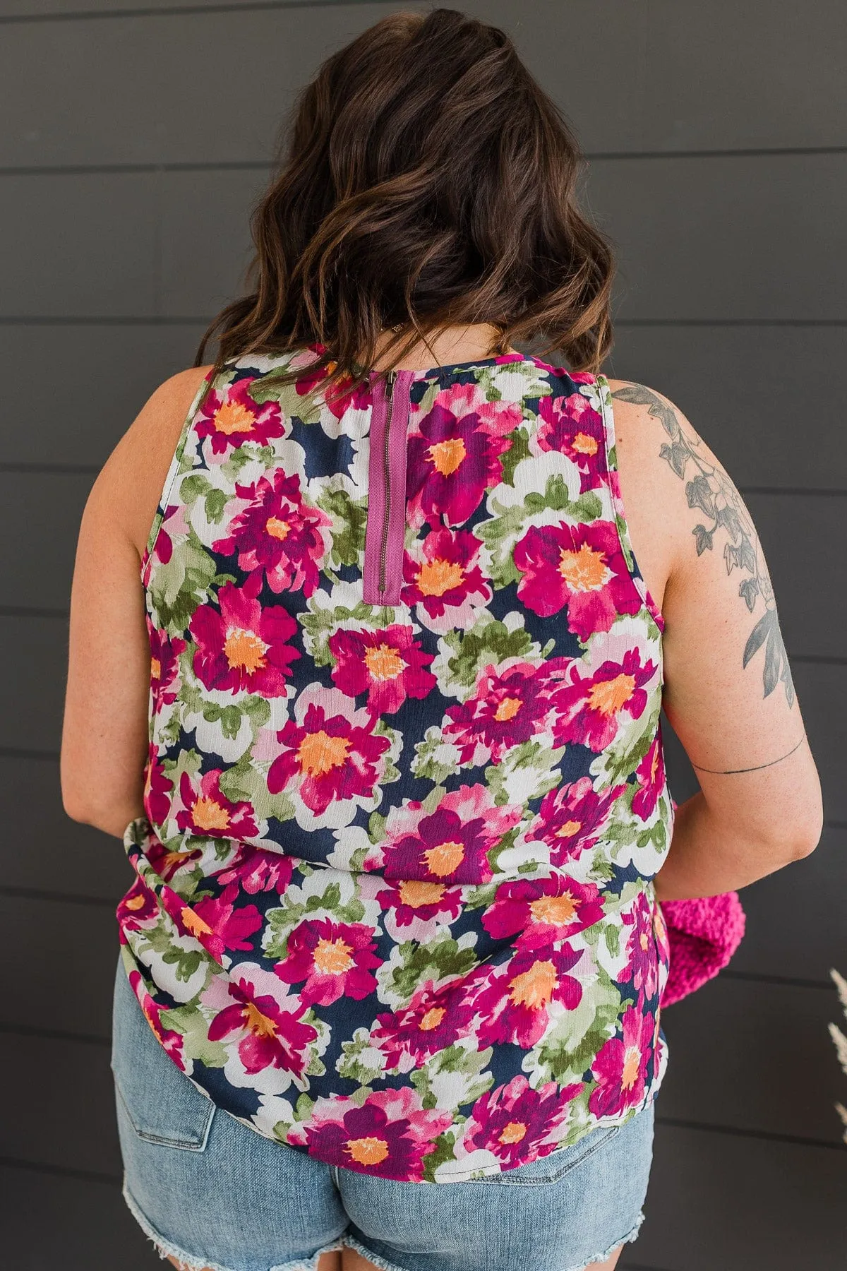 Bloom With Style Floral Tank Top- Navy & Magenta