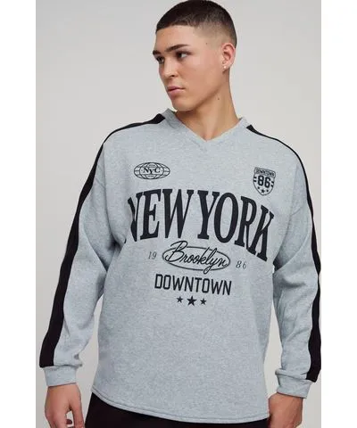 boohooMAN Mens Oversized V Neck Contrast Panel New York Sweatshirt