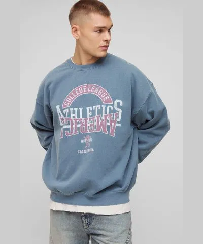 boohooMAN Mens Oversized Washed Varsity Graphic Sweatshirt