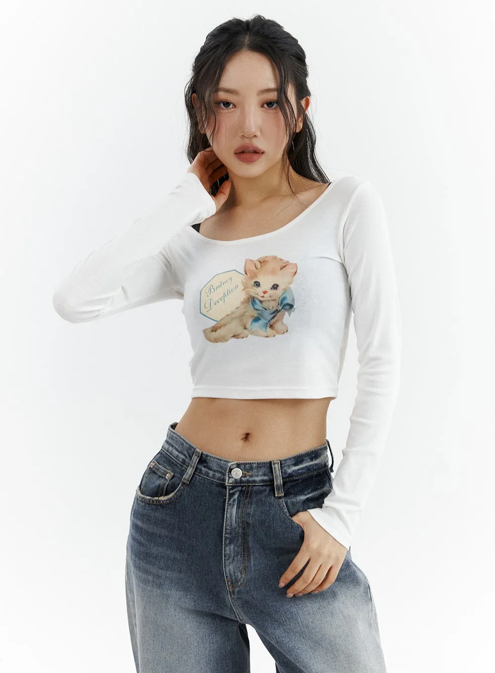 Cat Print Long Sleeve Tee CJ425