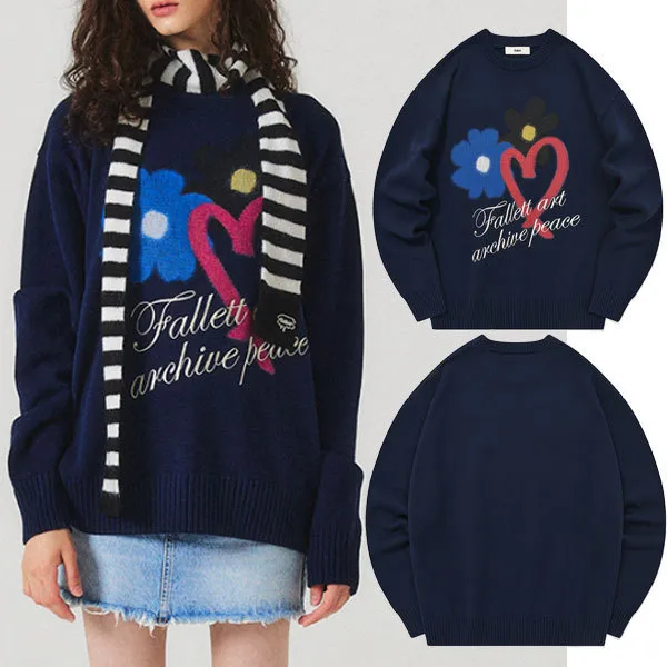 Fallett  |Crew Neck Heart Flower Patterns Unisex Street Style U-Neck