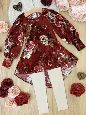 Girls Floral Chic Hi-Lo Tunic with Puff Sleeves with Legging Set