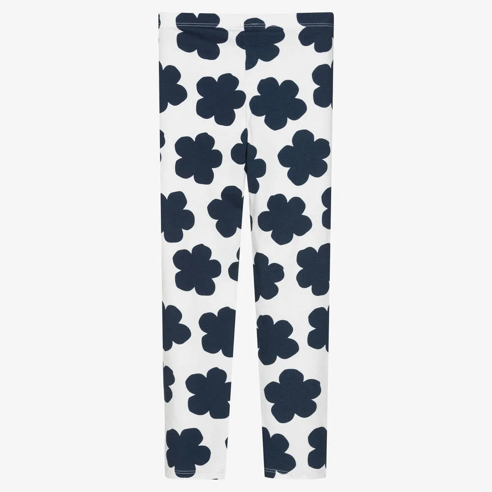 Girls Ivory Cotton Boke Flower Leggings