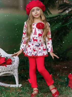 Girls Printed Long Sleeve Ruffled Pom Pom Hem Tunic And Red Legging Set