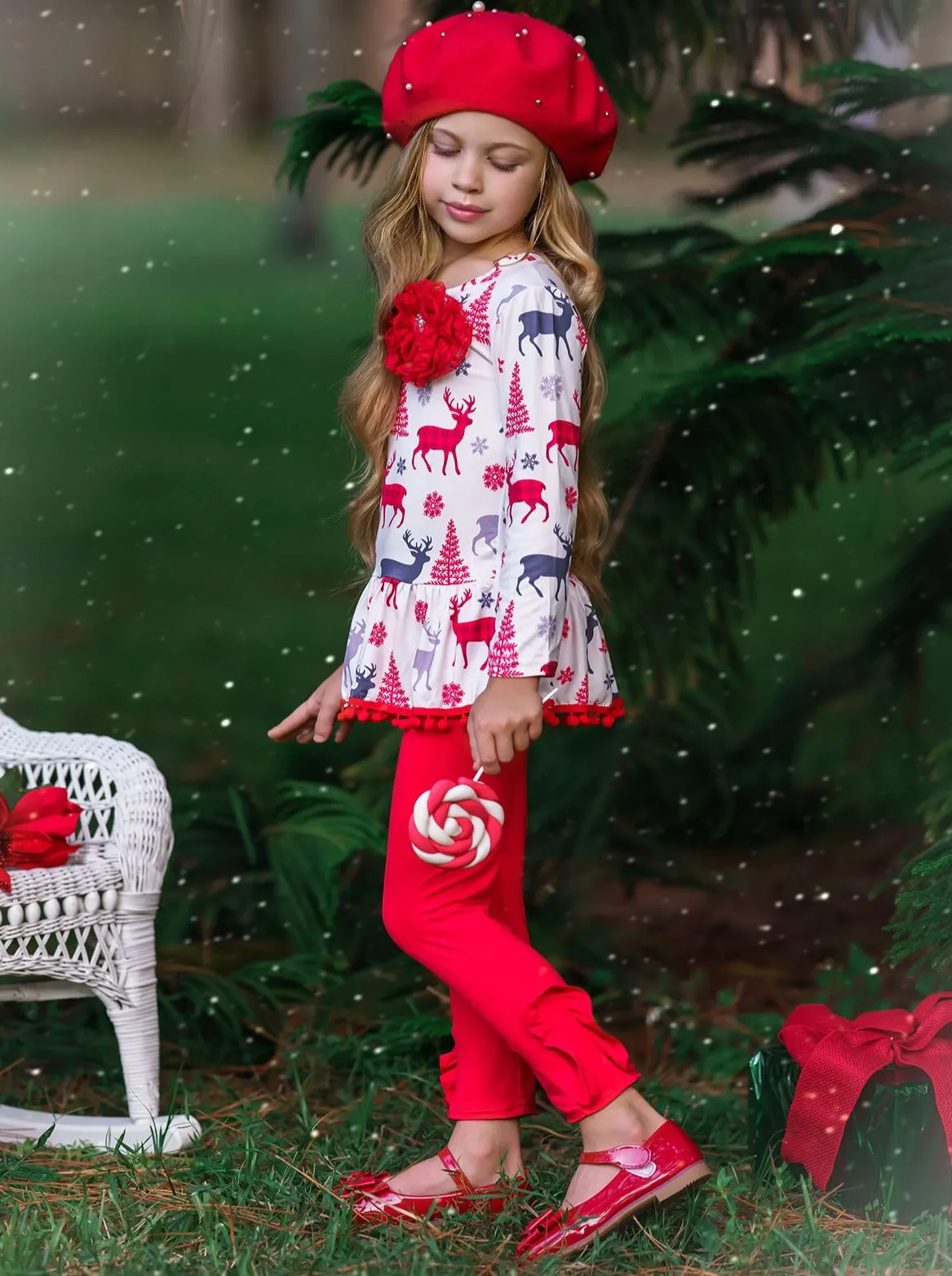 Girls Printed Long Sleeve Ruffled Pom Pom Hem Tunic And Red Legging Set