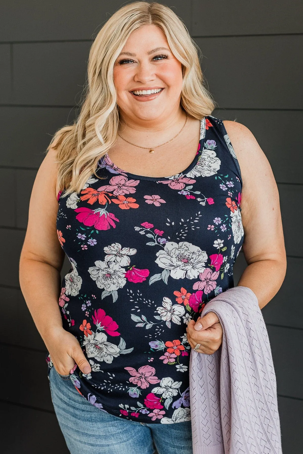 Inspire Me Floral Tank Top- Navy