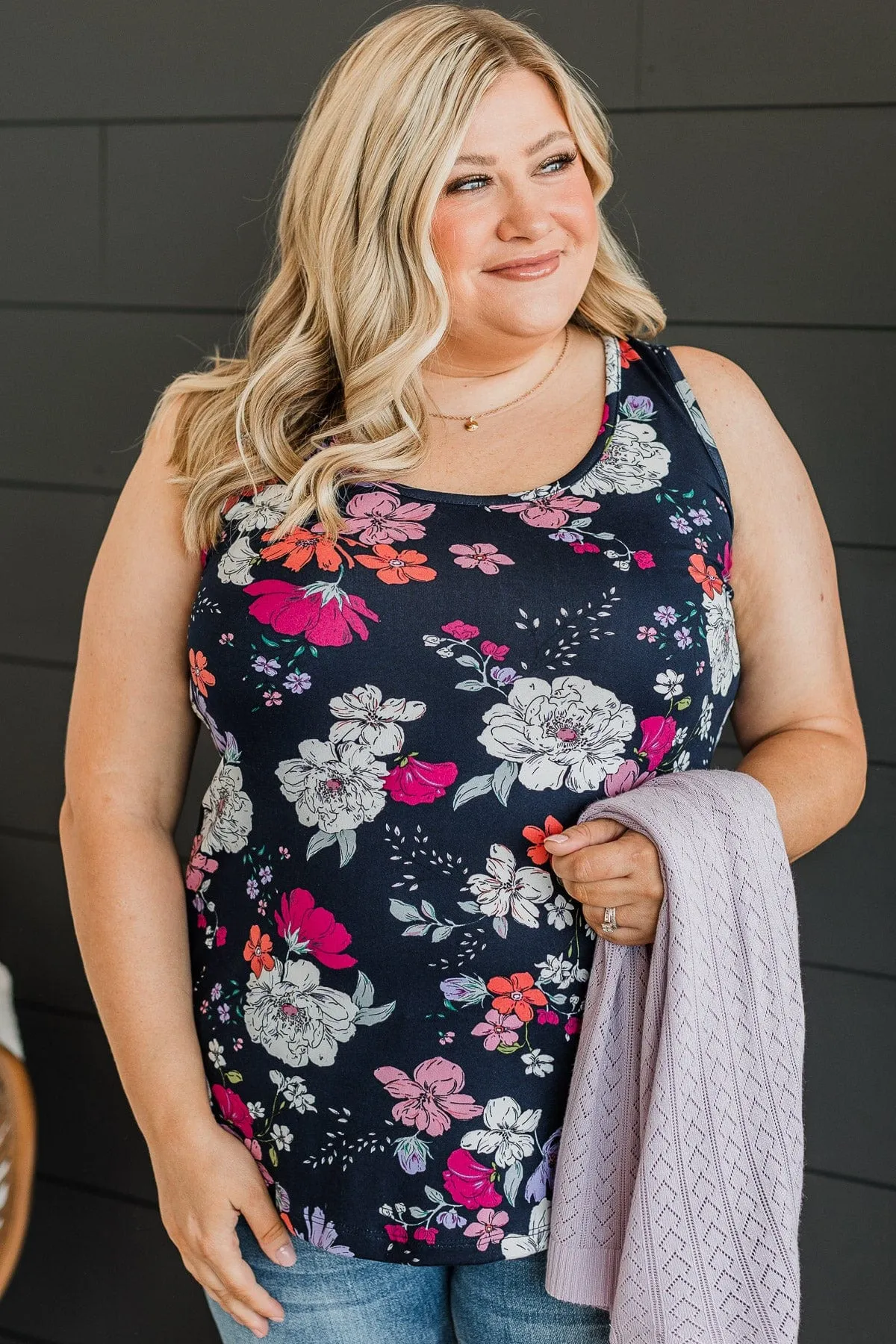 Inspire Me Floral Tank Top- Navy