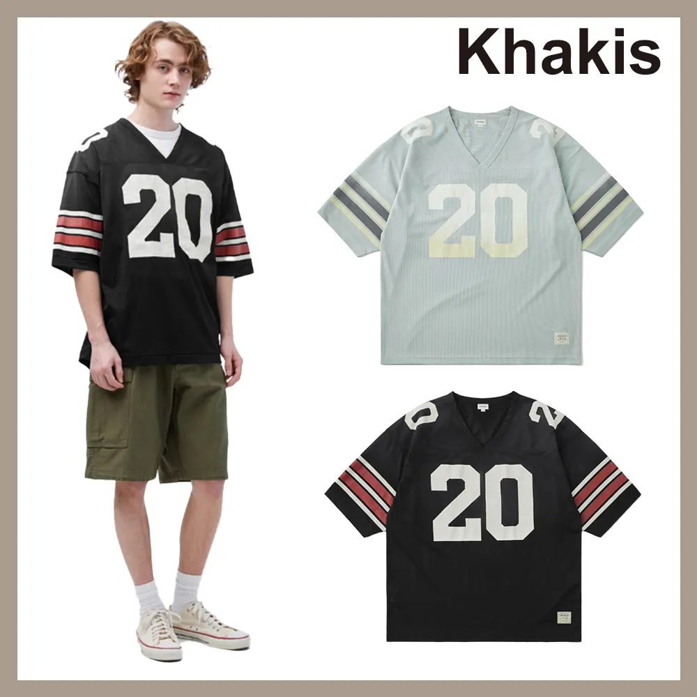 Khakis  |Stripes Unisex Street Style V-Neck Short Sleeves Oversized