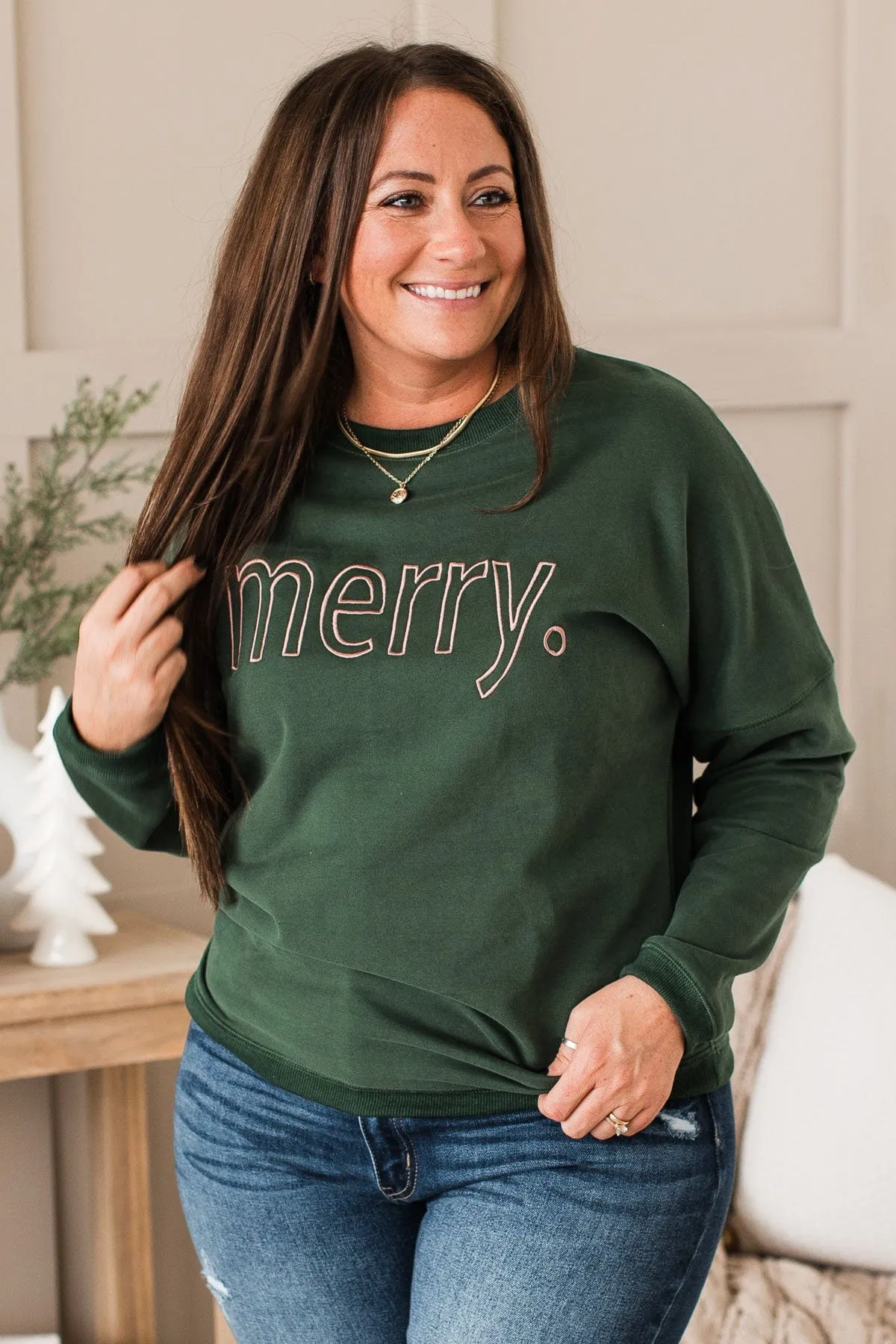 Merry Embroidered Crew Neck Pullover- Hunter Green