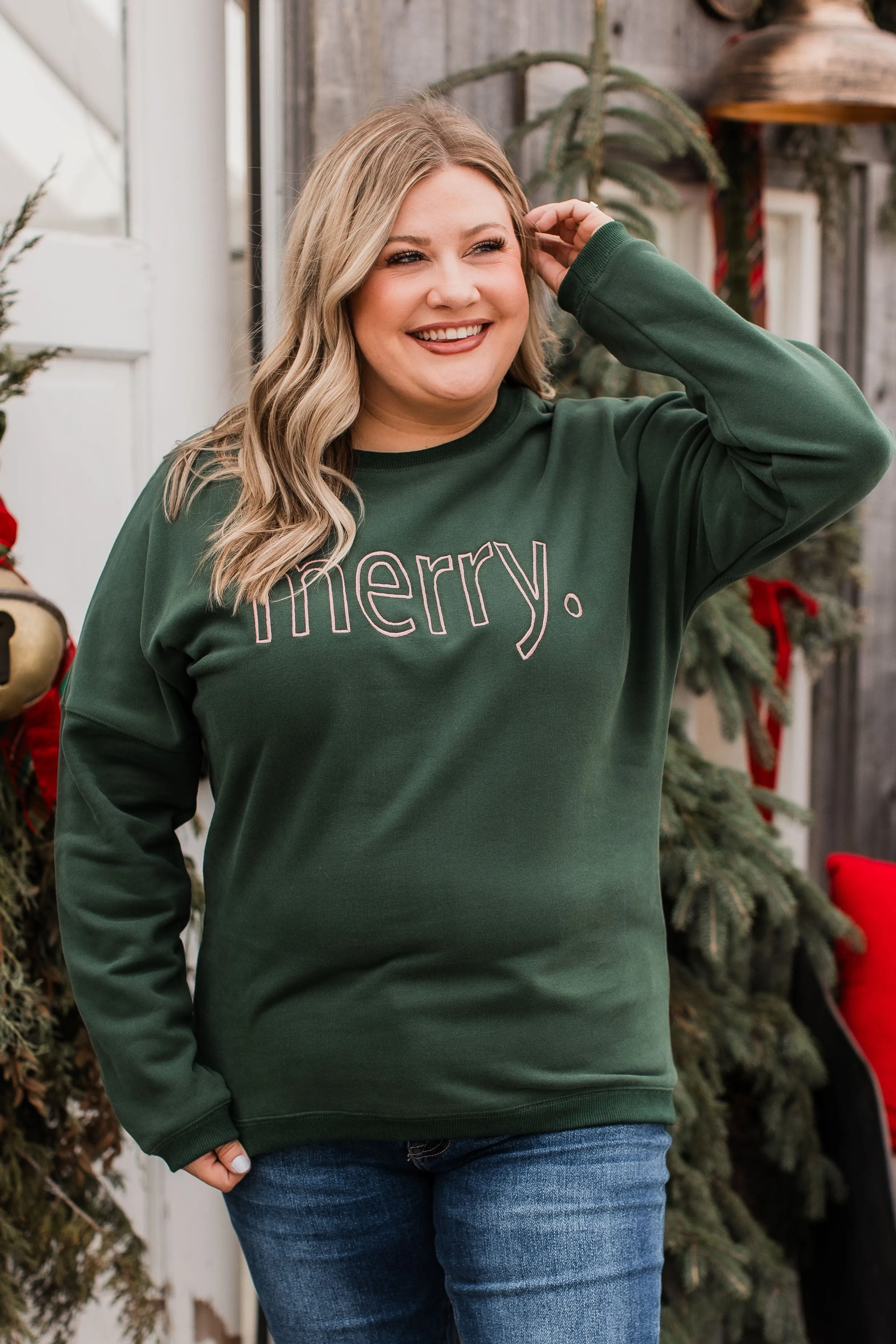 Merry Embroidered Crew Neck Pullover- Hunter Green