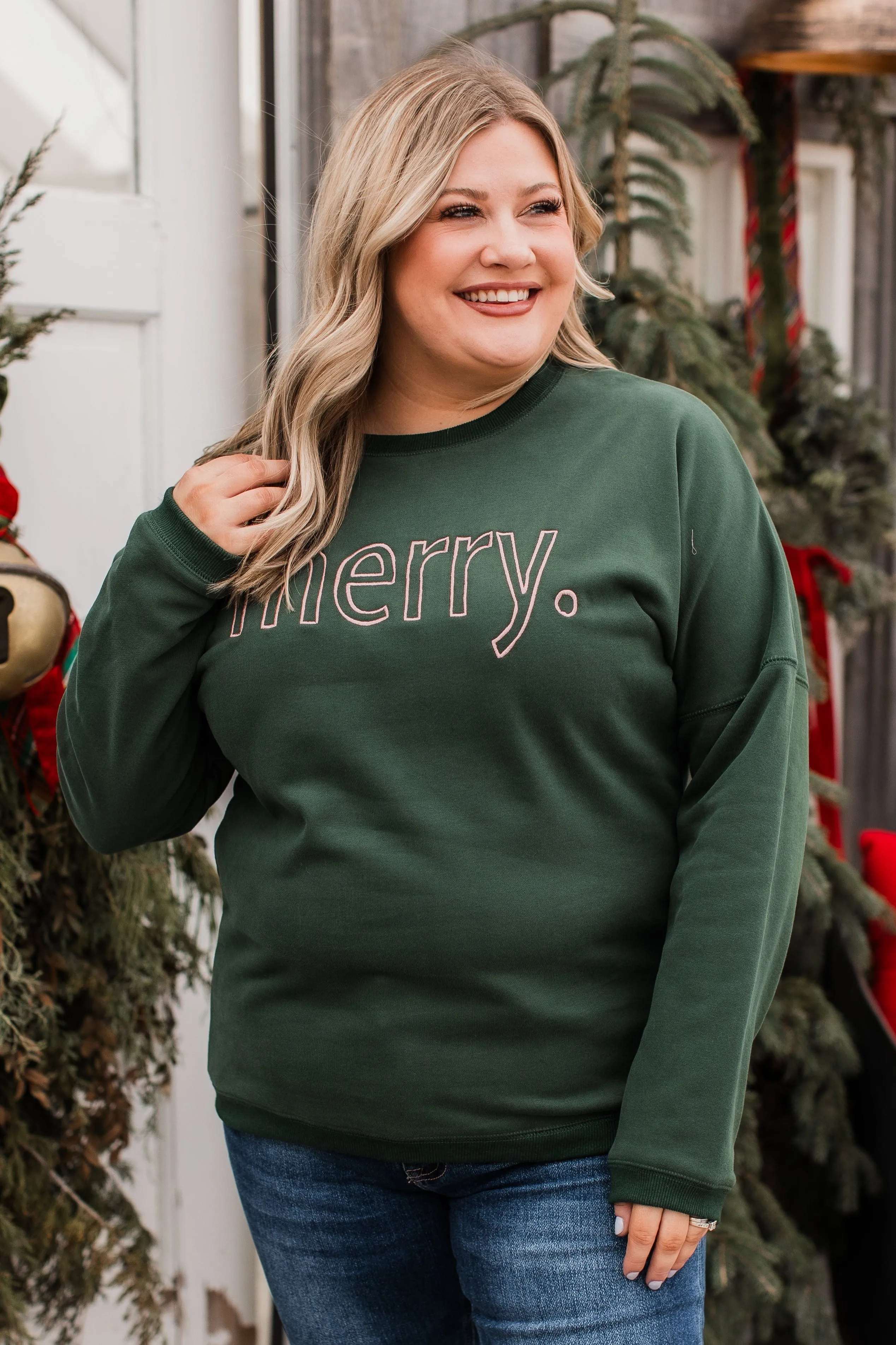 Merry Embroidered Crew Neck Pullover- Hunter Green