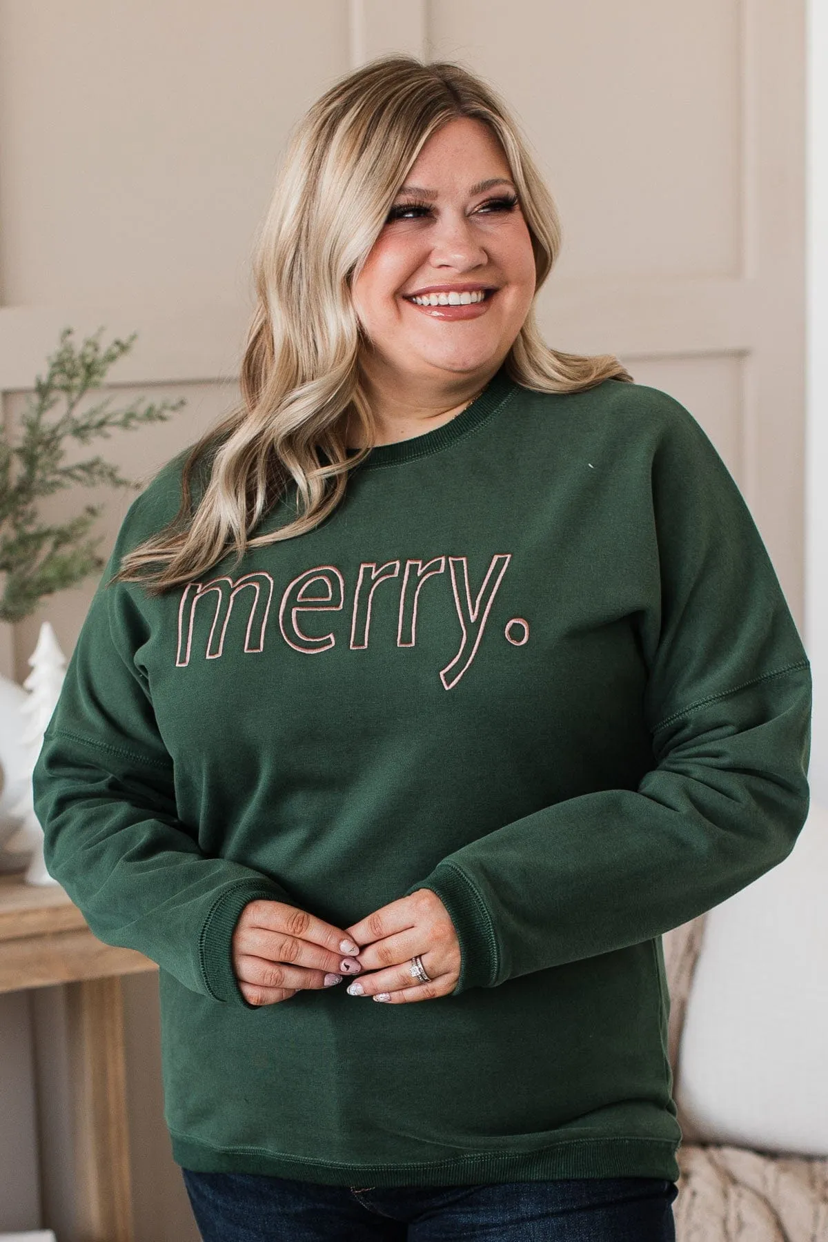 Merry Embroidered Crew Neck Pullover- Hunter Green