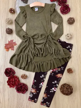 Olive Obsessed Drawstring Ruffle Tunic And Legging Set