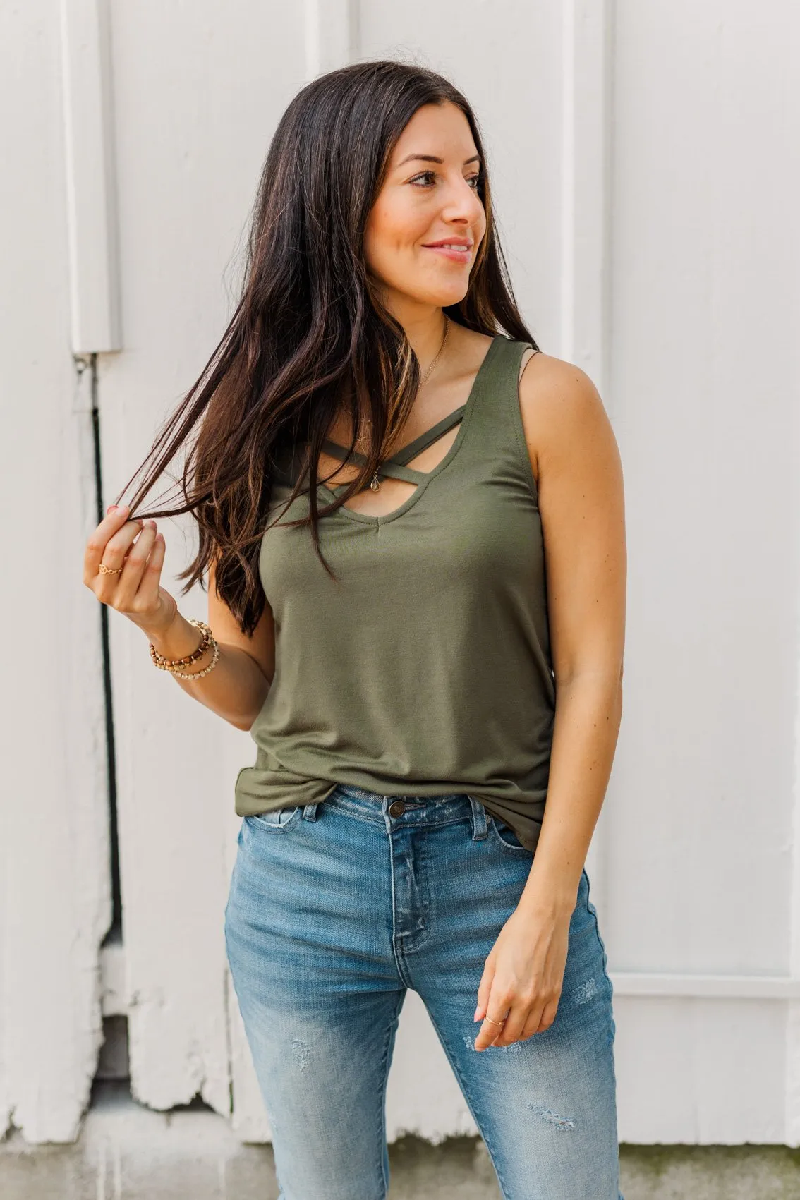 Places to Go Criss-Cross Tank Top- Army Green