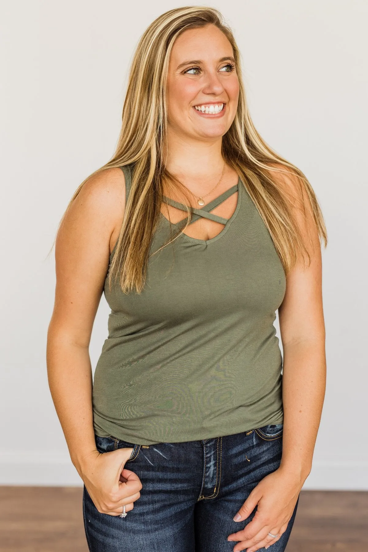 Places to Go Criss-Cross Tank Top- Army Green