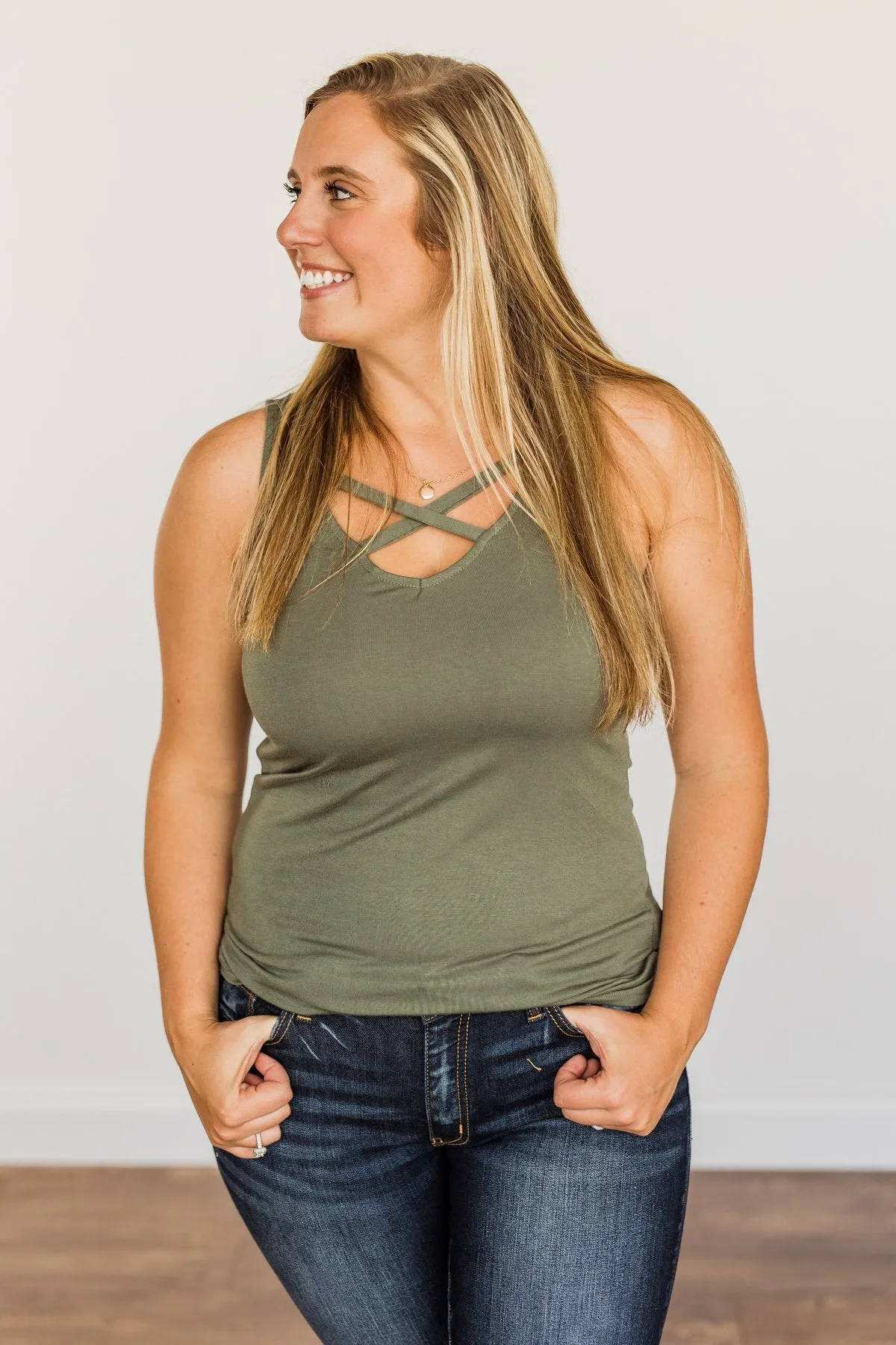 Places to Go Criss-Cross Tank Top- Army Green