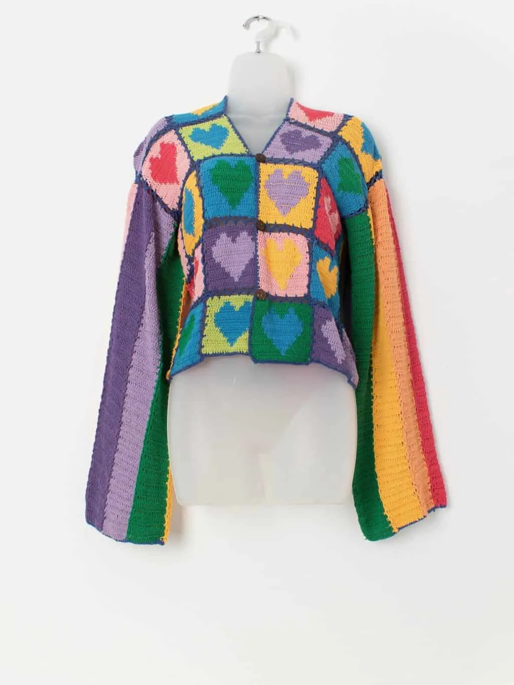 Rainbow love heart crochet cardigan with coconut buttons – Medium / Large