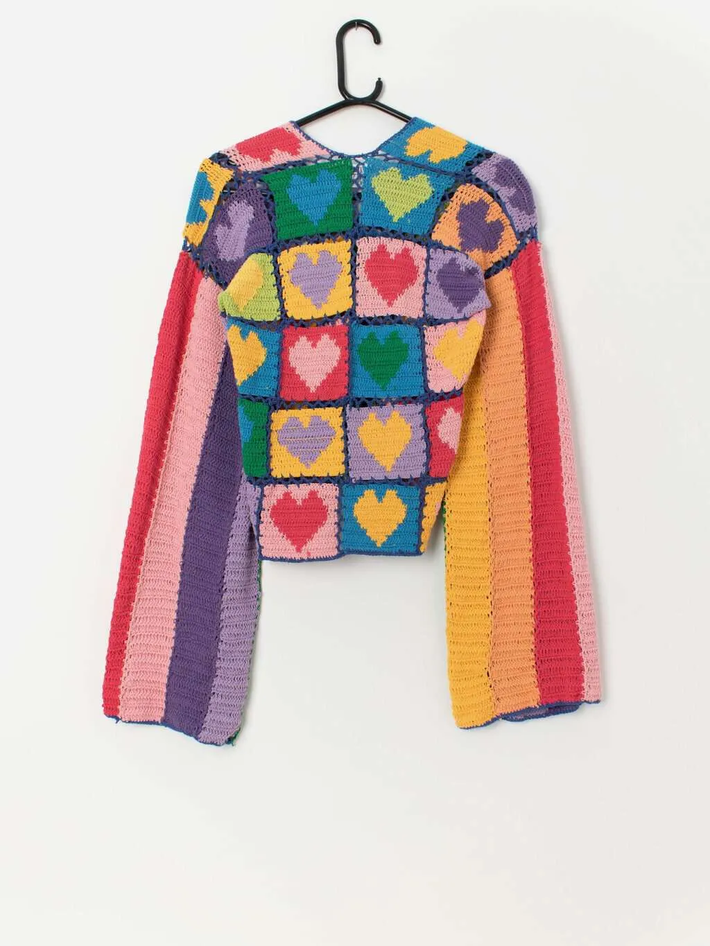 Rainbow love heart crochet cardigan with coconut buttons – Medium / Large