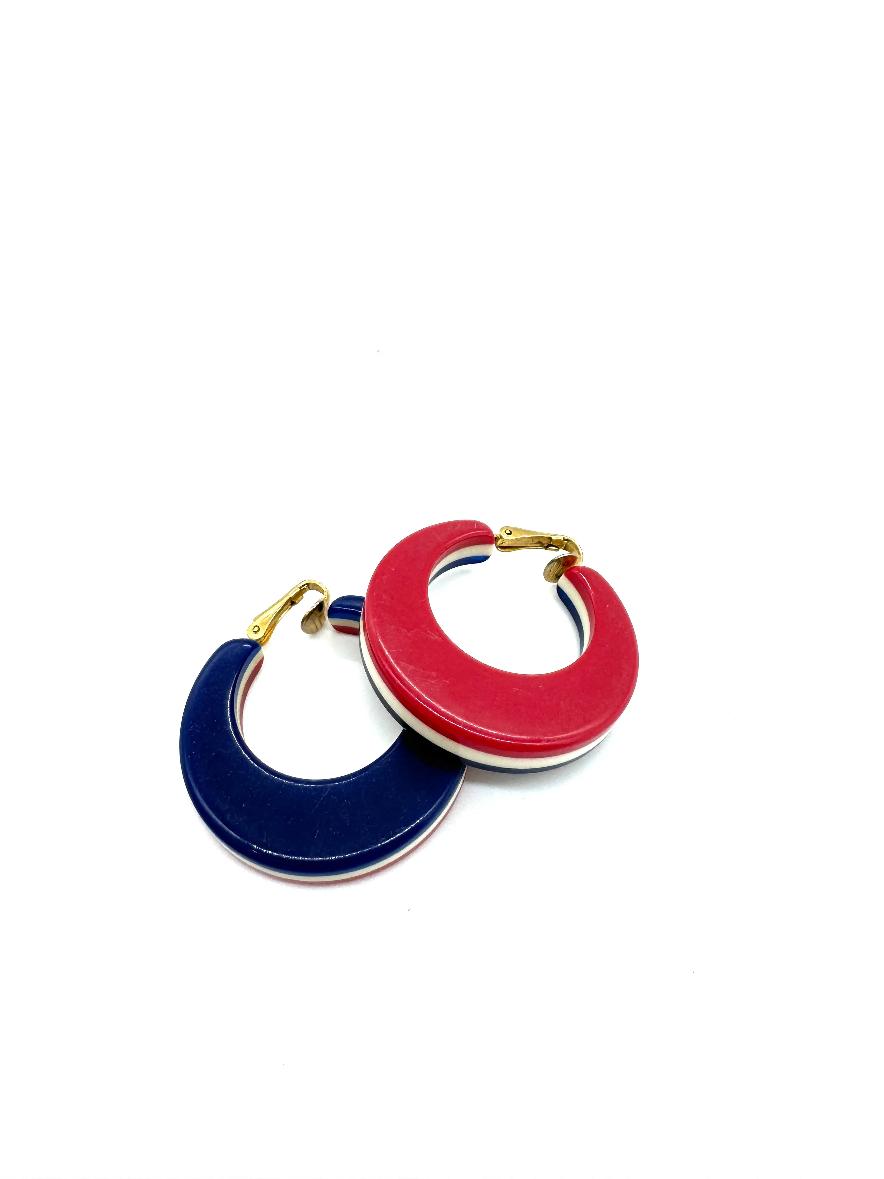 RARE Early Resin Red White & Blue Clip On Hoop Earrings