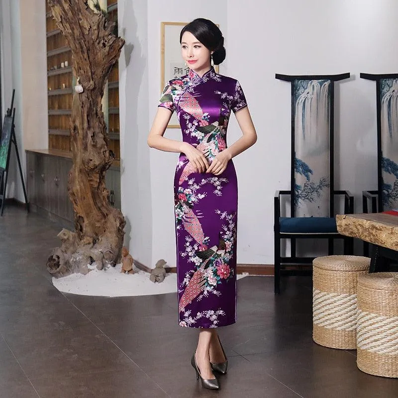 Satin Daily Casual Dress New Long Qipao Print Flower Chinese Cheongsam