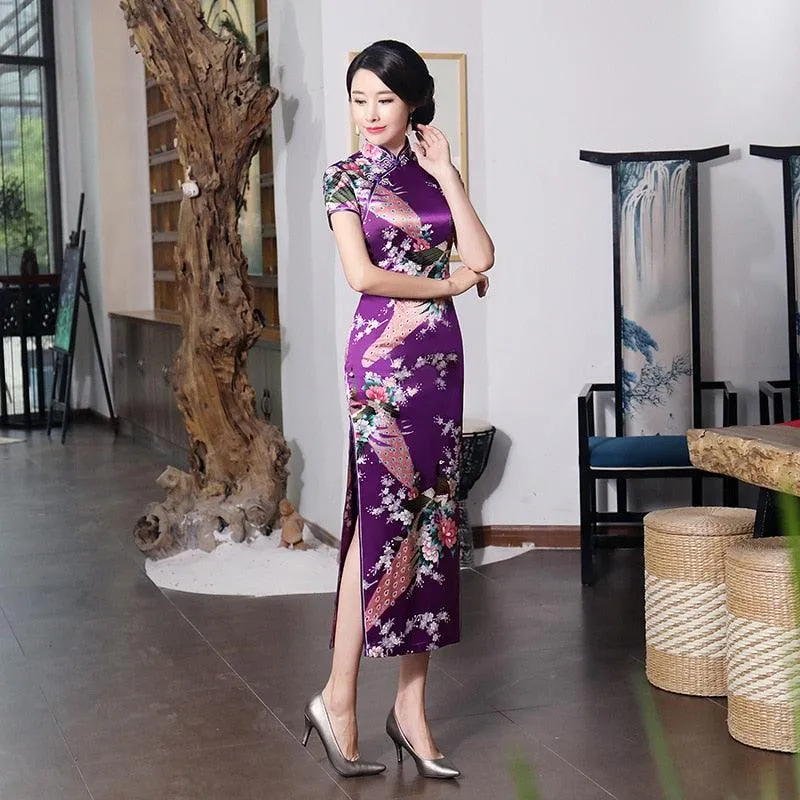 Satin Daily Casual Dress New Long Qipao Print Flower Chinese Cheongsam