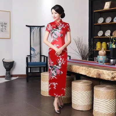 Satin Daily Casual Dress New Long Qipao Print Flower Chinese Cheongsam