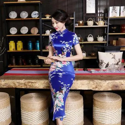 Satin Daily Casual Dress New Long Qipao Print Flower Chinese Cheongsam