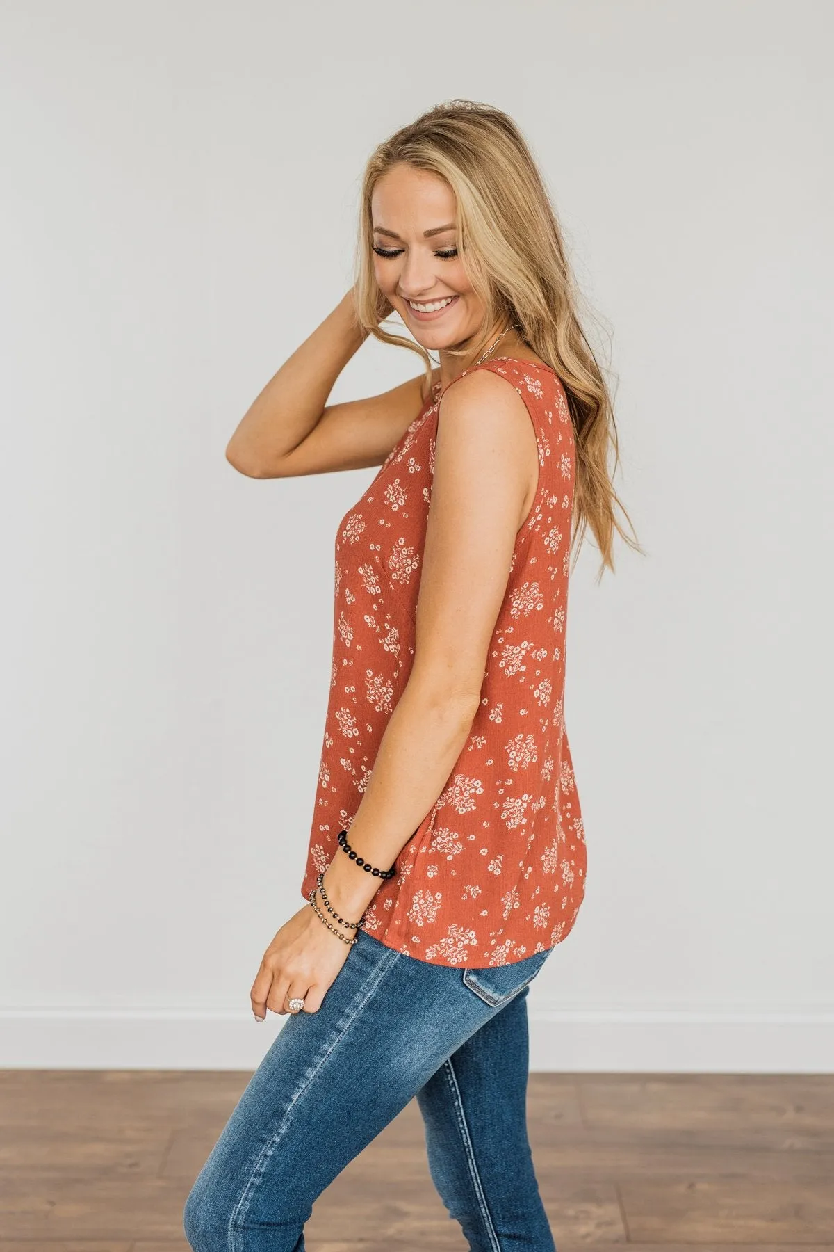 Sealed With A Kiss Floral Button Tank Top- Rust